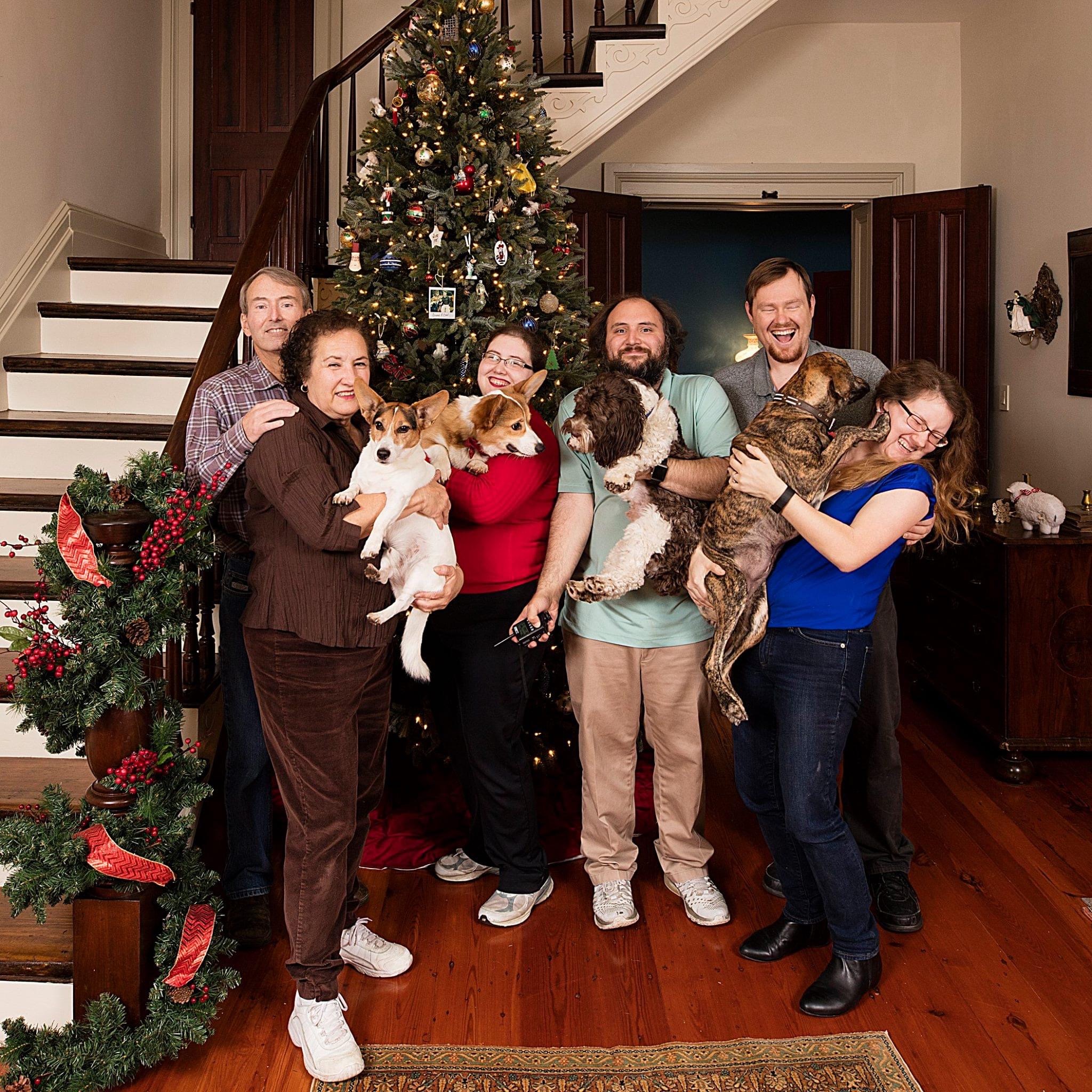 Warner family Christmas photo with dogs
